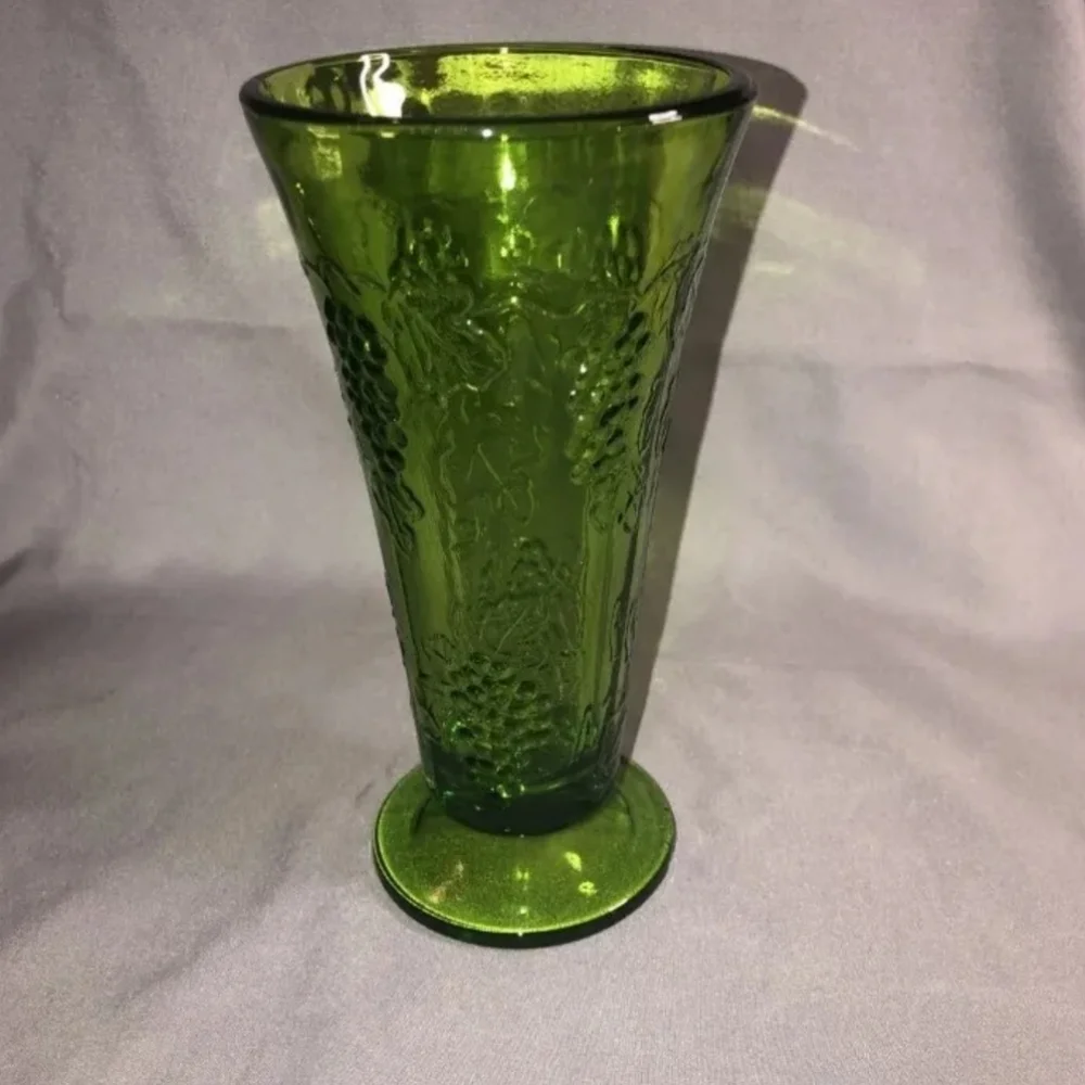 Vintage Indiana Glass Green Tall Vase with Raised Grape Pattern